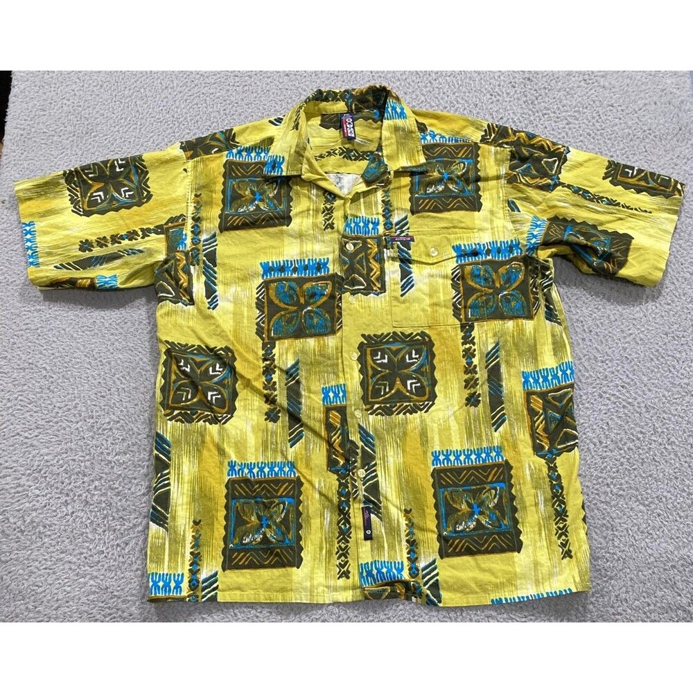 Willie Esco Shirt Mens 2XL Yellow Linen Cotton Hawaiian Tribal Button Up